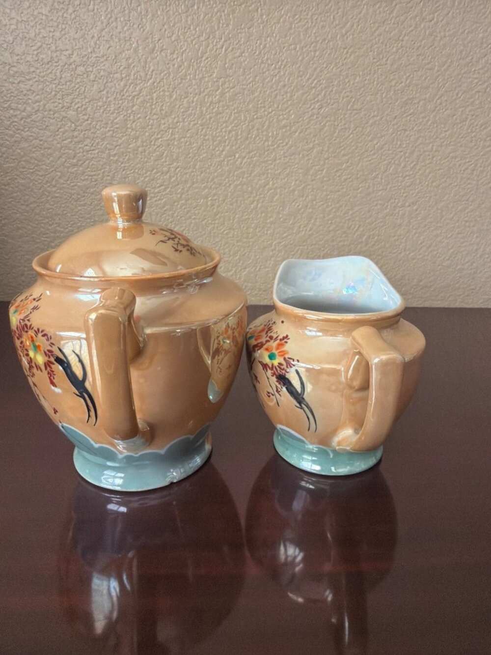 Vintage Hand Painted Japanese Peach Lusterware Sugar Bowl & Creamer Set Bluebird - Picture 5 of 12